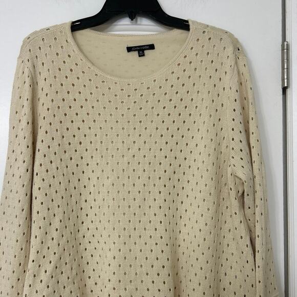 John Mark Beige Open Knit Floral Layered Ruffle Hem Sweater XL Boho Cottagecore - Picture 3 of 11